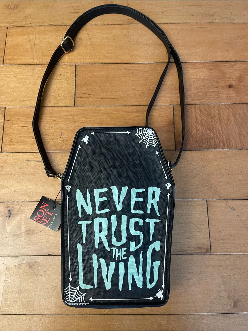 New Never Trust The Living Black Crossbody Coffin Bag Beetlejuice
